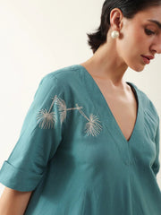 Blue V-Neck Solid Cotton Dress For Women