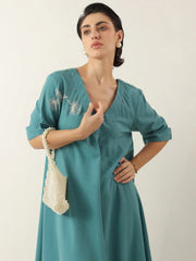 Blue V-Neck Solid Cotton Dress For Women