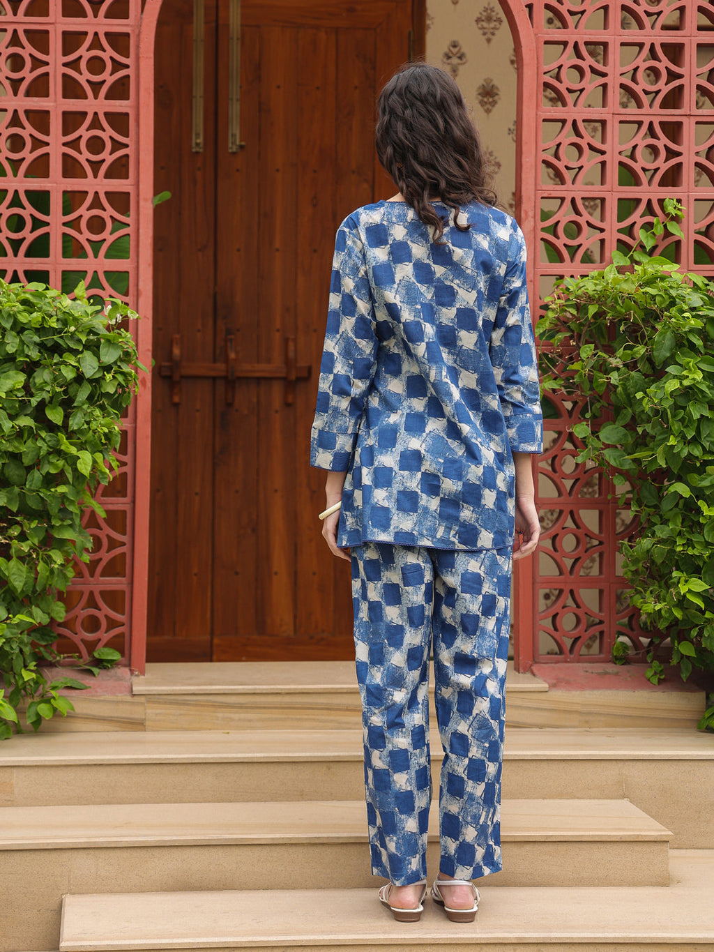Blue V-Neck Pure Cotton Printed Geometric Night Suit For Women