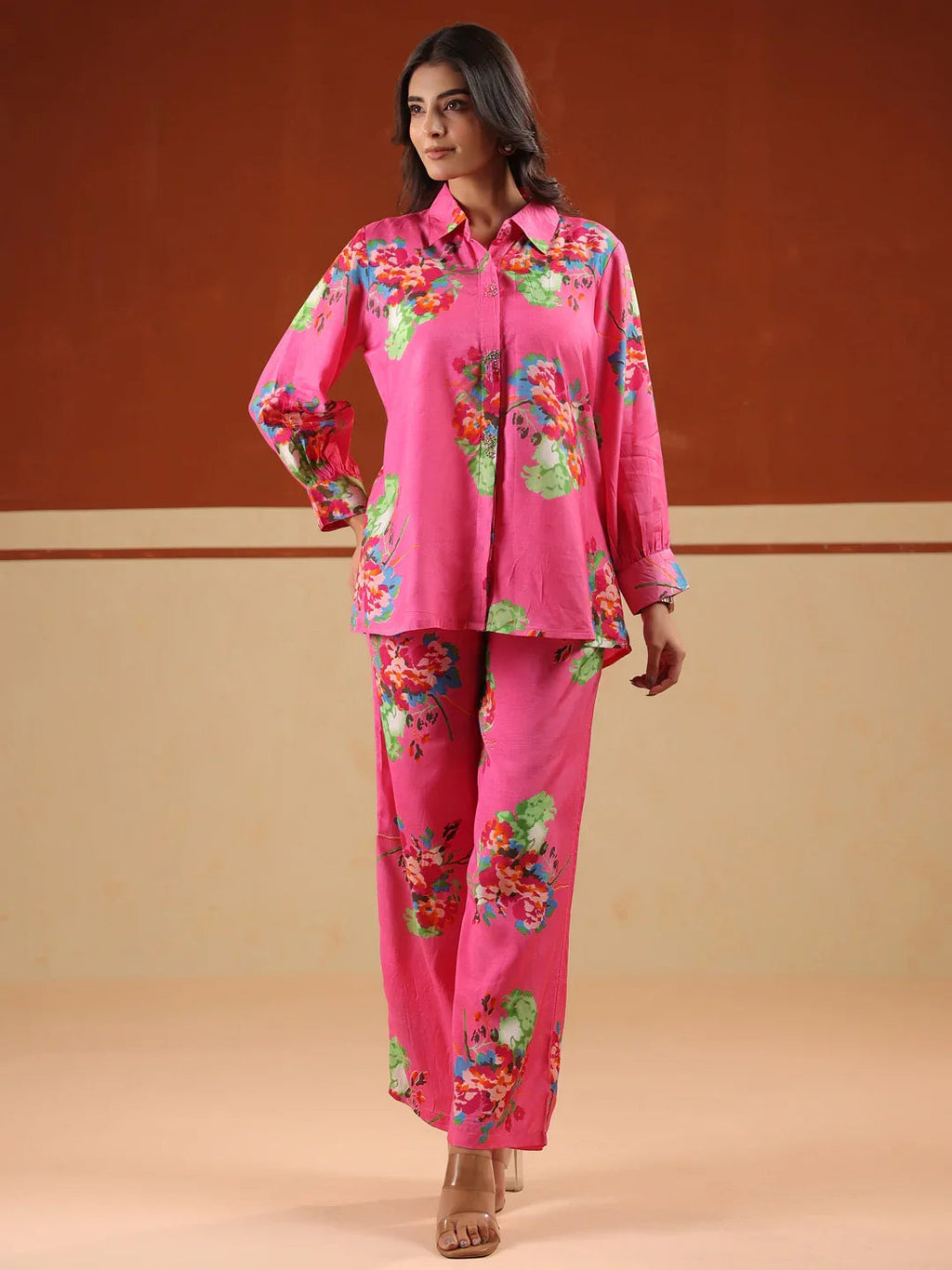Pink Floral Print Relaxed Shirt and Trousers Co-ords Set - SanskrutiHomes 