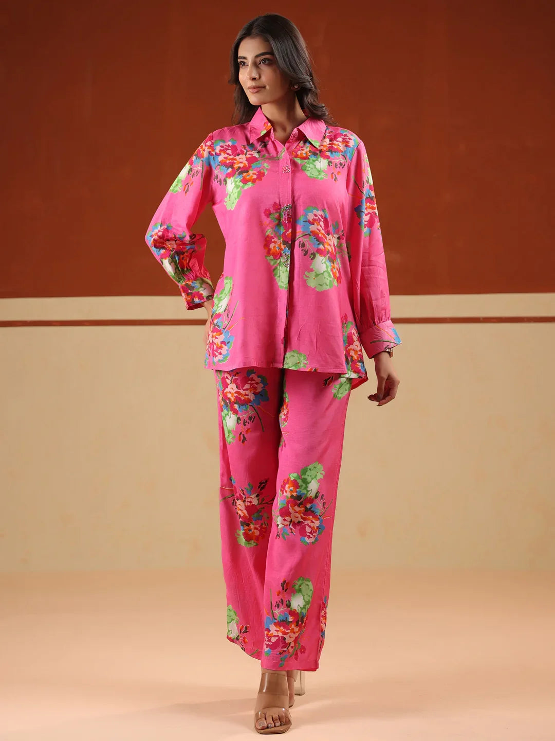 Pink Floral Print Relaxed Shirt and Trousers Co-ords Set - SanskrutiHomes 