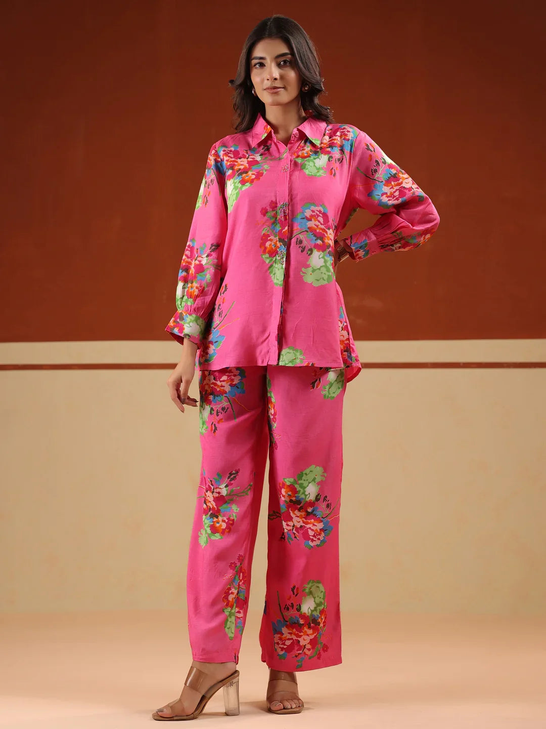 Pink Floral Print Relaxed Shirt and Trousers Co-ords Set - SanskrutiHomes 