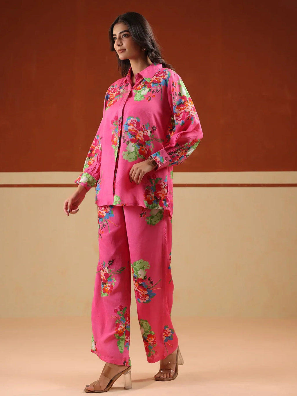 Pink Floral Print Relaxed Shirt and Trousers Co-ords Set - SanskrutiHomes 