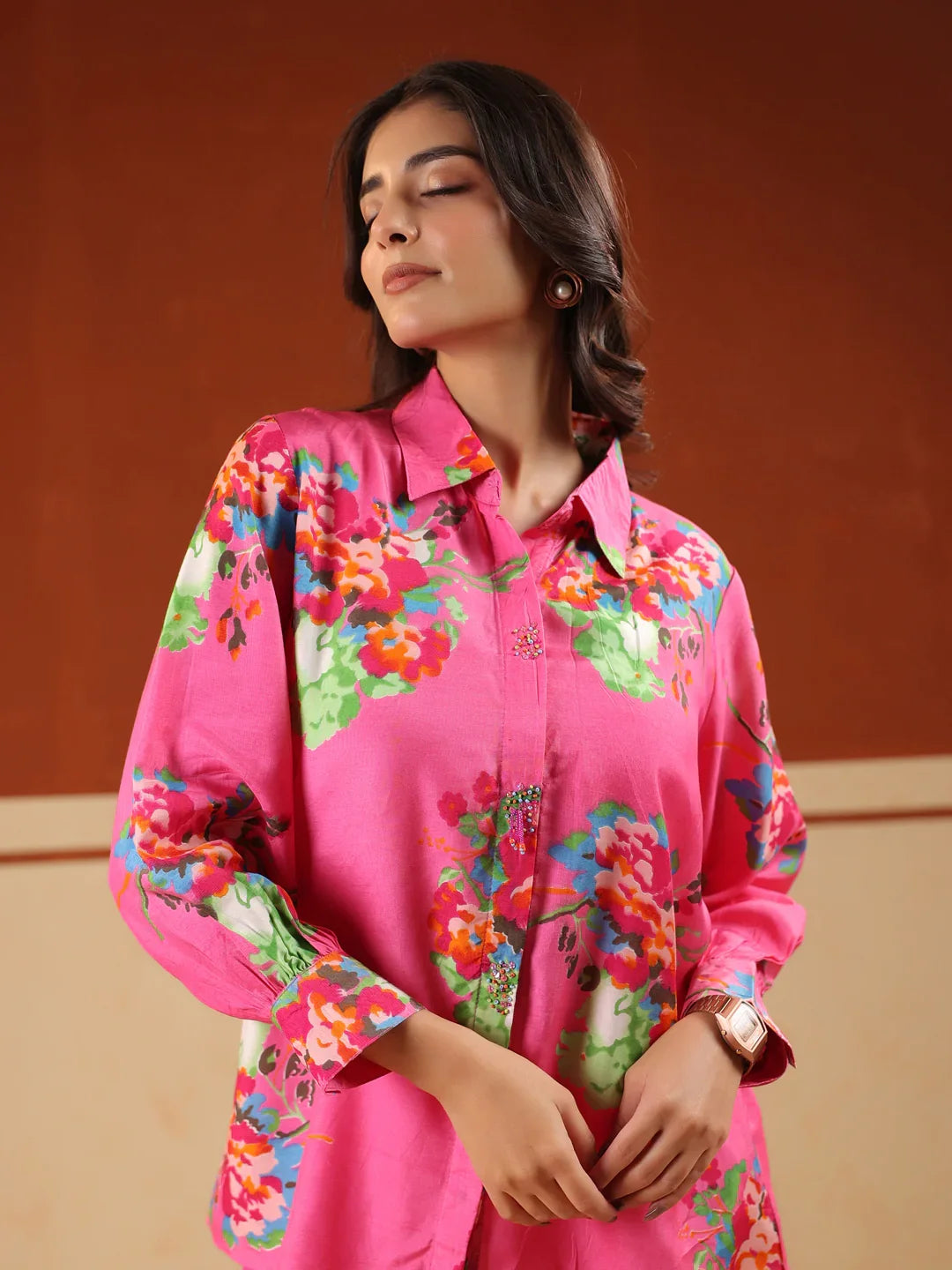 Pink Floral Print Relaxed Shirt and Trousers Co-ords Set - SanskrutiHomes 