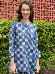 Blue V-Neck Pure Cotton Printed Geometric Night Suit For Women