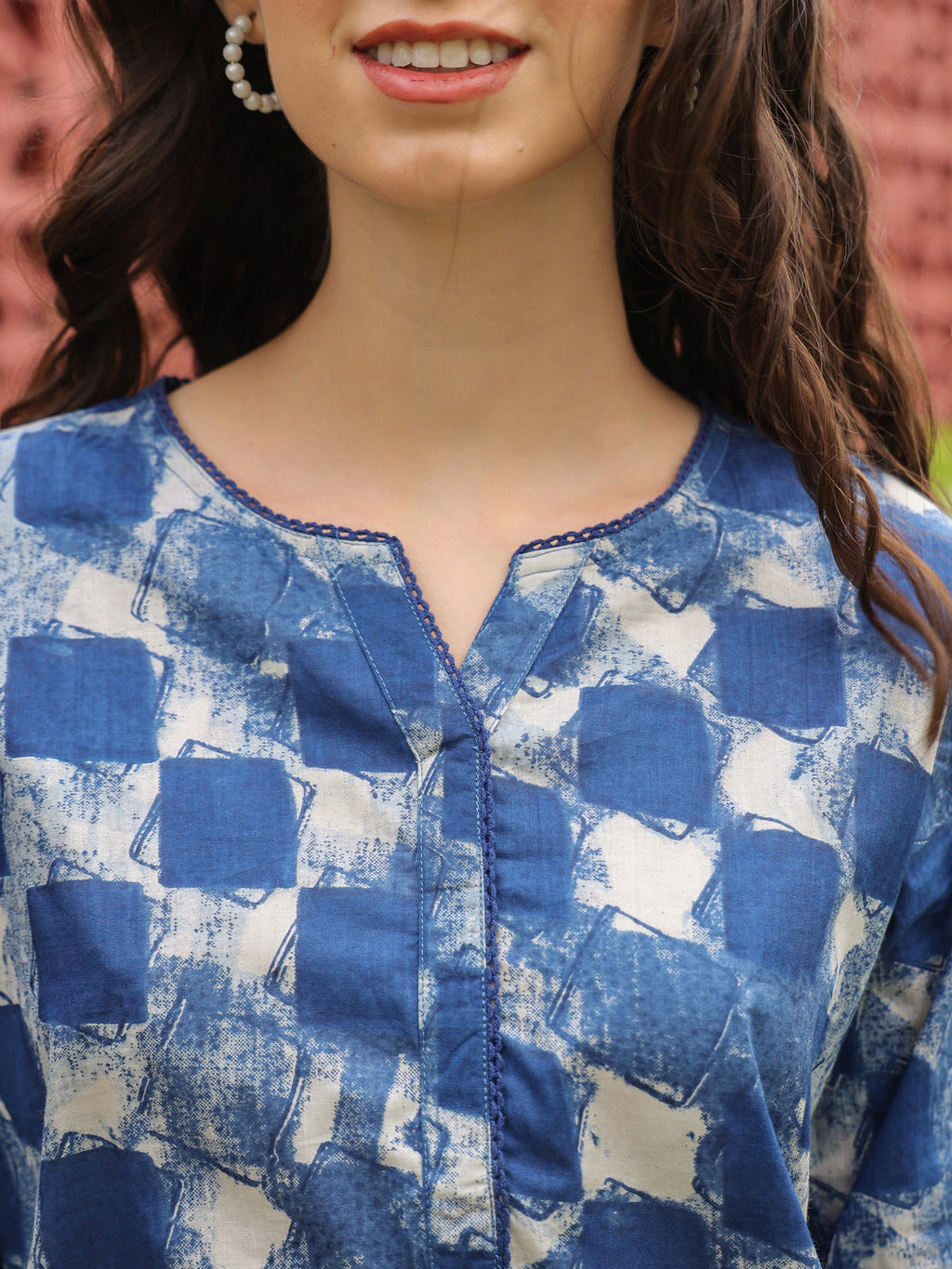 Blue V-Neck Pure Cotton Printed Geometric Night Suit For Women