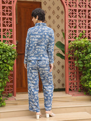 Blue Shirt Collar Pure Cotton Shirt Printed Co-ords Set for Women - SanskrutiHomes 