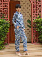 Blue Shirt Collar Pure Cotton Shirt Printed Co-ords Set for Women - SanskrutiHomes 