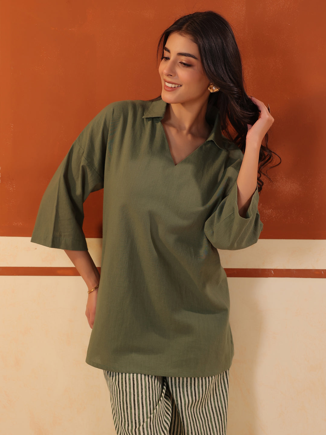 Blue Shirt Collar Pure Cotton Shirt Printed Co-ords Set for Women - SanskrutiHomes 