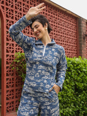 Blue Shirt Collar Pure Cotton Shirt Printed Co-ords Set for Women - SanskrutiHomes 