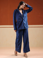 Blue Shirt Collar Pure Cotton Shirt Printed Co-ords Set for Women - SanskrutiHomes 