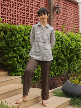 White Shirt Collar Pure Cotton Shirt Printed Co-ords Set for Women - SanskrutiHomes 