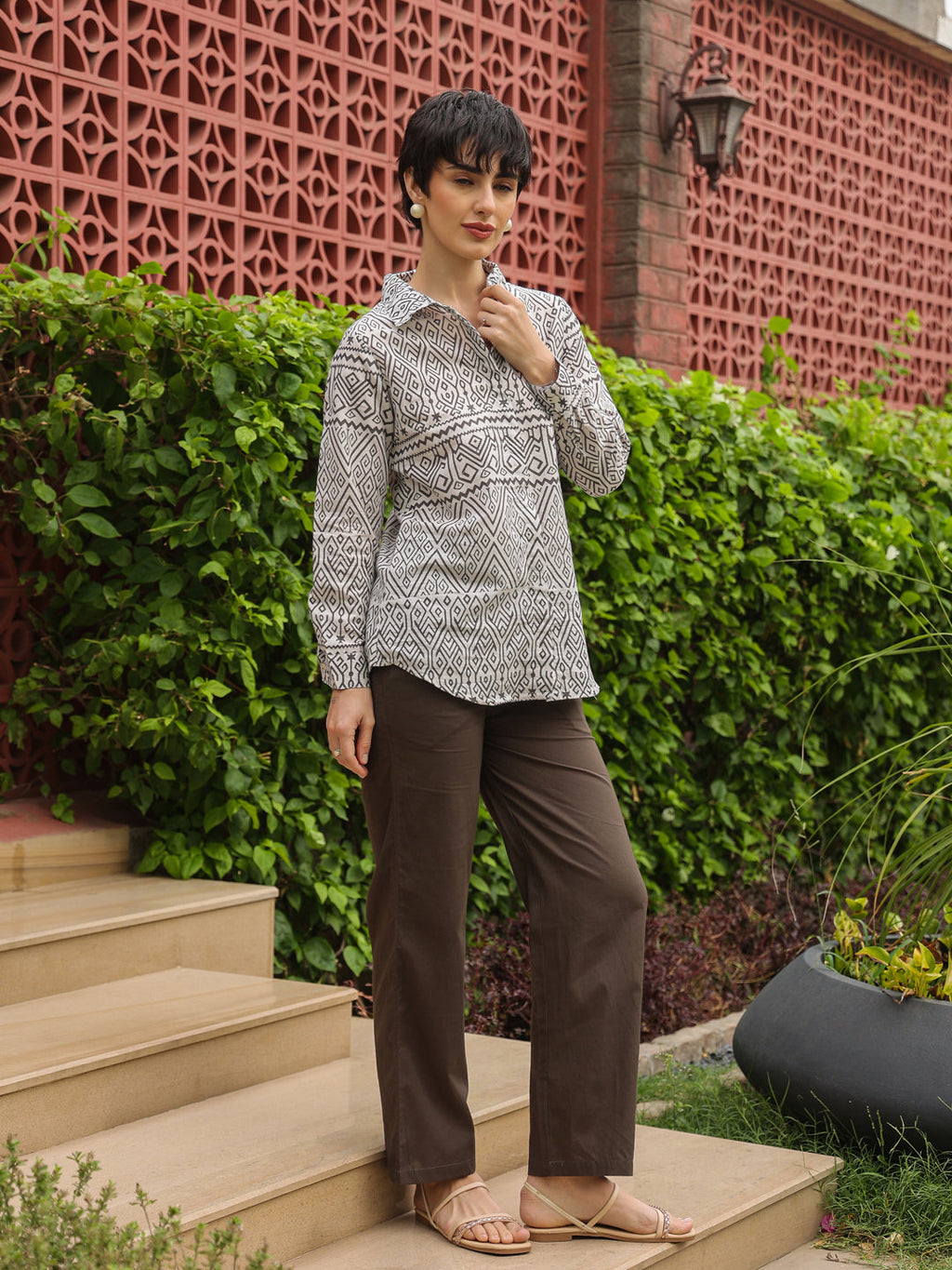 White Shirt Collar Pure Cotton Shirt Printed Co-ords Set for Women - SanskrutiHomes 