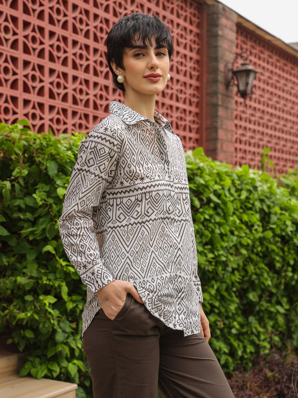 White Shirt Collar Pure Cotton Shirt Printed Co-ords Set for Women - SanskrutiHomes 