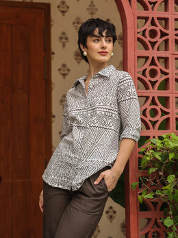 White Shirt Collar Pure Cotton Shirt Printed Co-ords Set for Women - SanskrutiHomes 