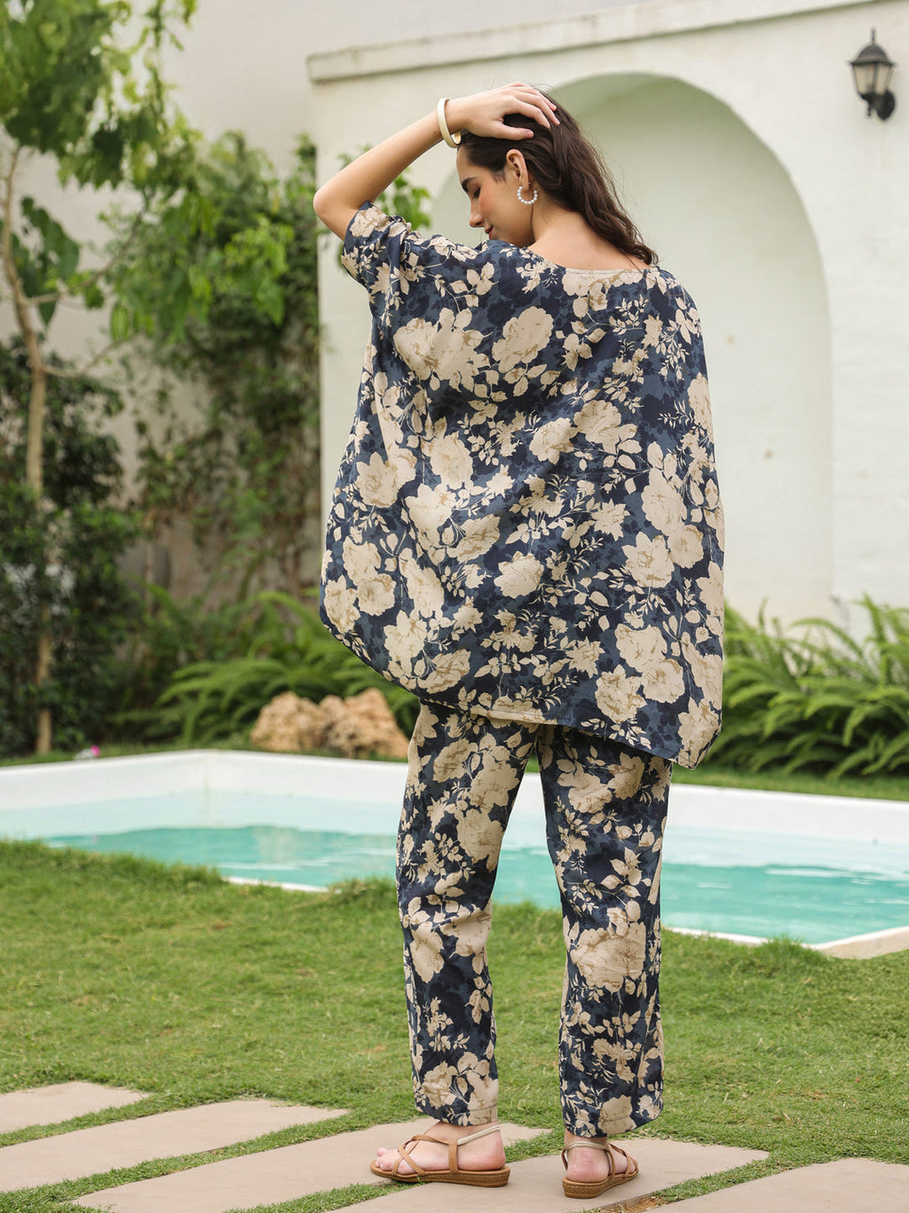 Navy Blue Round Neck Silk Blend Top Printed Co-ords Set for Women - SanskrutiHomes 