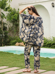 Navy Blue Round Neck Silk Blend Top Printed Co-ords Set for Women - SanskrutiHomes 