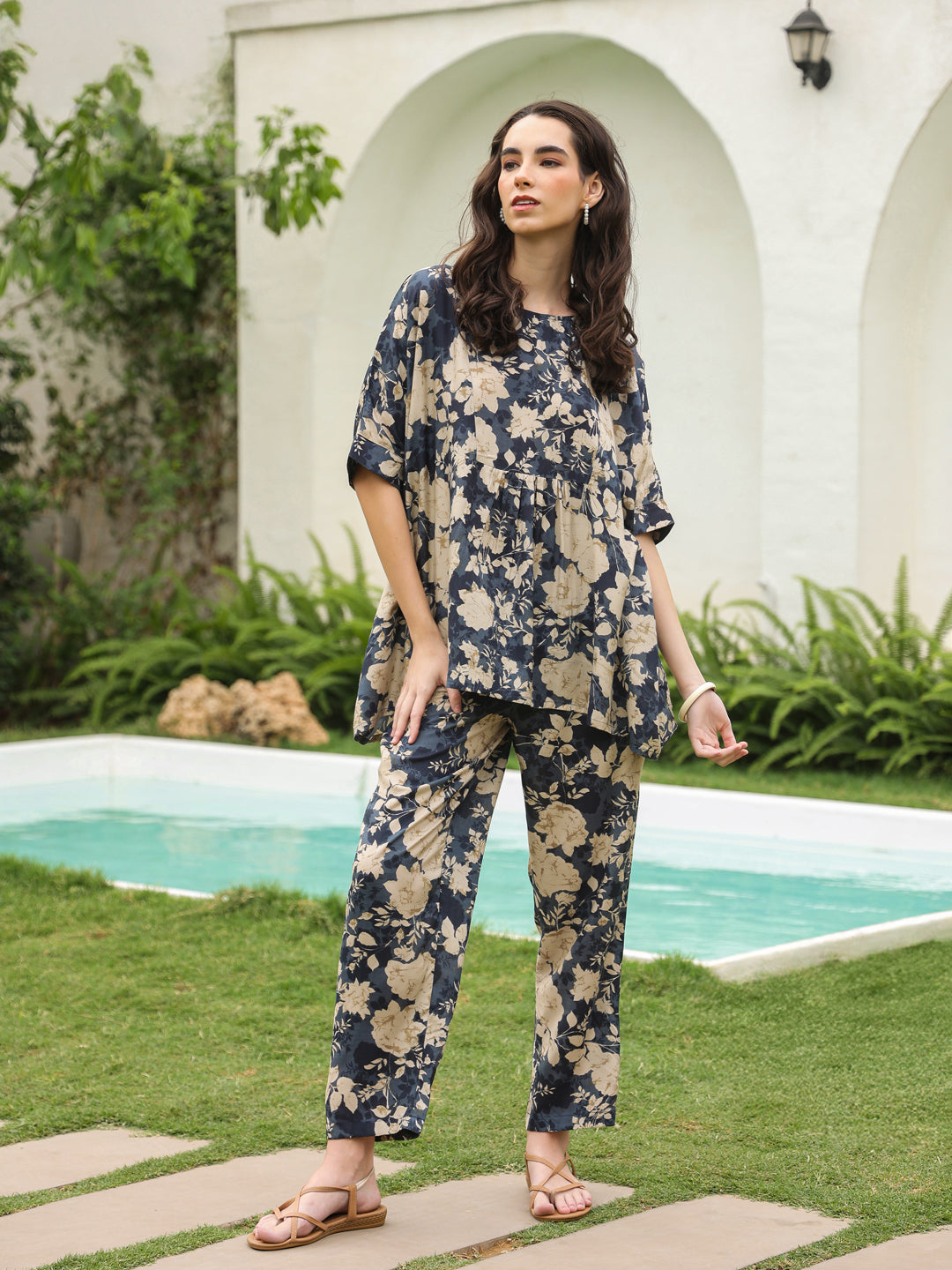 Navy Blue Round Neck Silk Blend Top Printed Co-ords Set for Women - SanskrutiHomes 