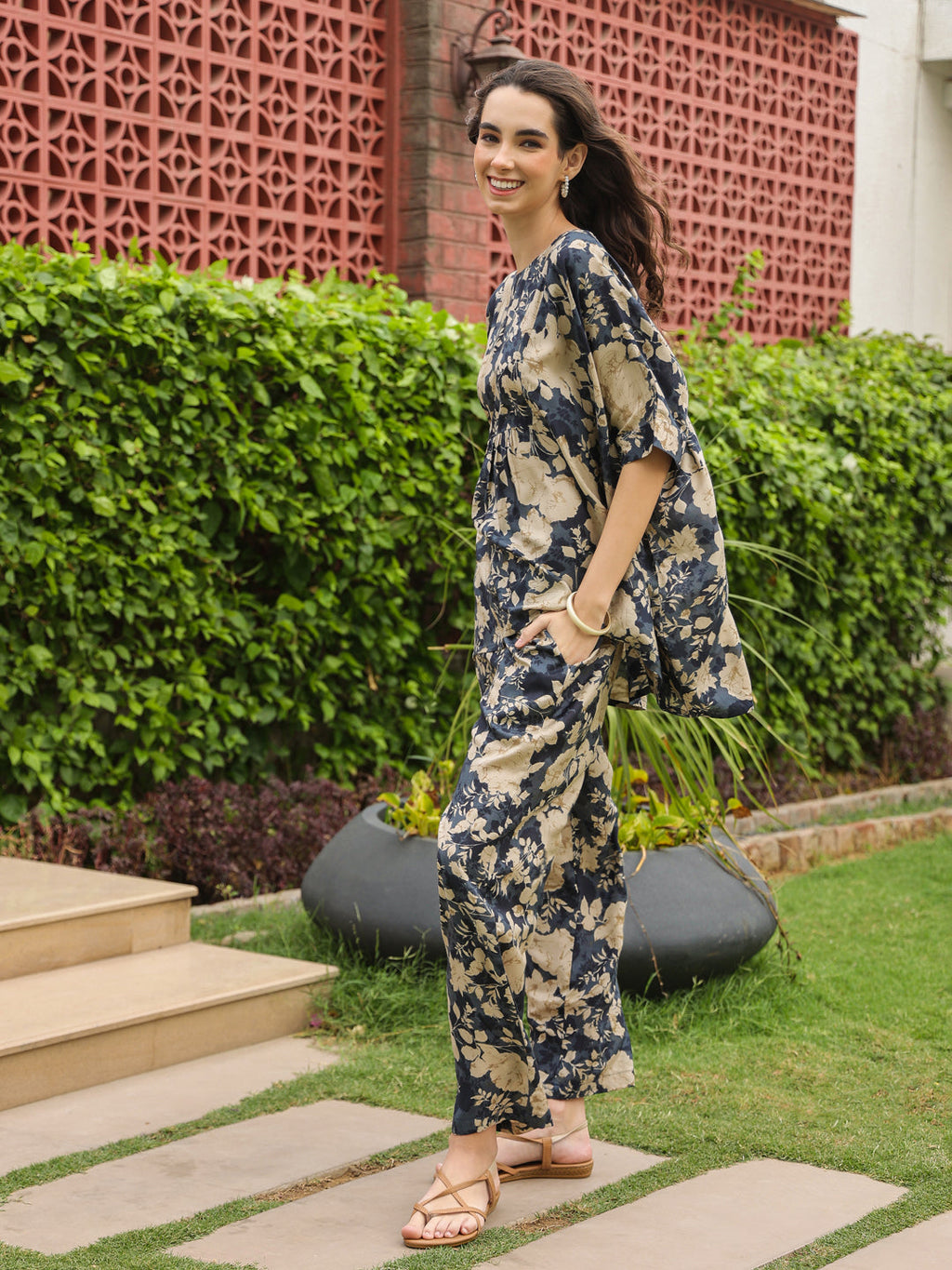 Navy Blue Round Neck Silk Blend Top Printed Co-ords Set for Women - SanskrutiHomes 
