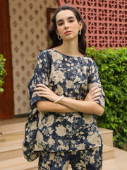 Navy Blue Round Neck Silk Blend Top Printed Co-ords Set for Women - SanskrutiHomes 