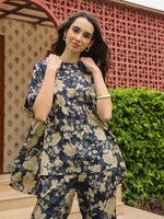Navy Blue Round Neck Silk Blend Top Printed Co-ords Set for Women - SanskrutiHomes 