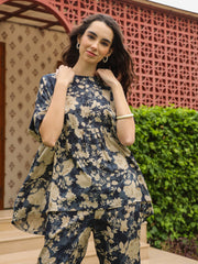 Navy Blue Round Neck Silk Blend Top Printed Co-ords Set for Women - SanskrutiHomes 