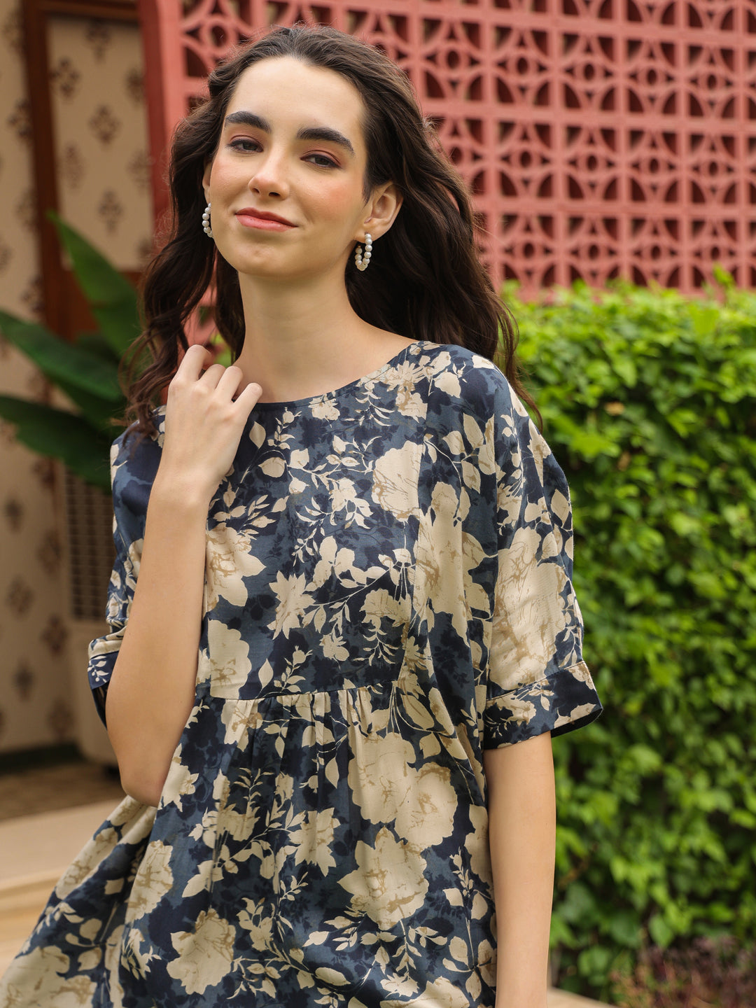Navy Blue Round Neck Silk Blend Top Printed Co-ords Set for Women - SanskrutiHomes 