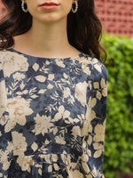 Navy Blue Round Neck Silk Blend Top Printed Co-ords Set for Women - SanskrutiHomes 