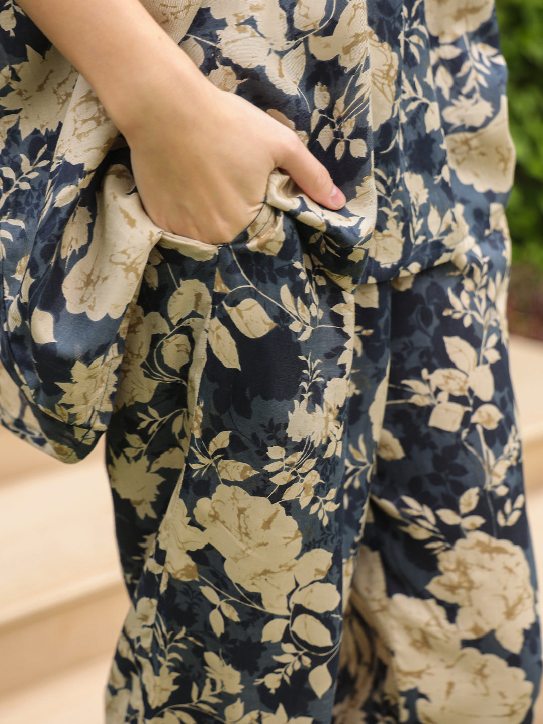 Navy Blue Round Neck Silk Blend Top Printed Co-ords Set for Women - SanskrutiHomes 