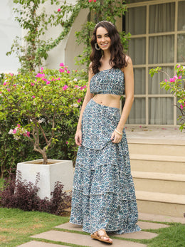 Blue Square Neck Pure Cotton Top Printed Co-Ords Set For Women
