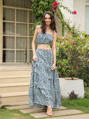 Blue Square Neck Pure Cotton Top Printed Co-Ords Set For Women
