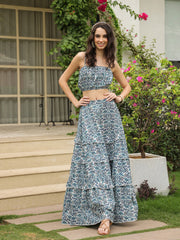 Blue Square Neck Pure Cotton Top Printed Co-Ords Set For Women