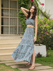 Blue Square Neck Pure Cotton Top Printed Co-Ords Set For Women