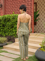 Olive Halter Neck Pure Cotton Top Striped Co-Ords Set For Women