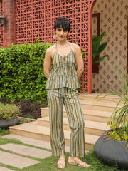 Olive Halter Neck Pure Cotton Top Striped Co-Ords Set For Women