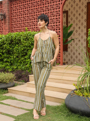 Olive Halter Neck Pure Cotton Top Striped Co-Ords Set For Women