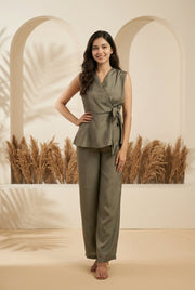 Grey Solid V-Neck Peplum Co-ords Set for Women