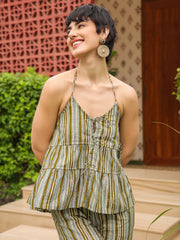 Olive Halter Neck Pure Cotton Top Striped Co-Ords Set For Women