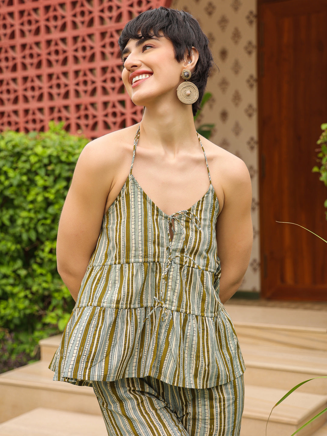 Olive Halter Neck Pure Cotton Top Striped Co-Ords Set For Women