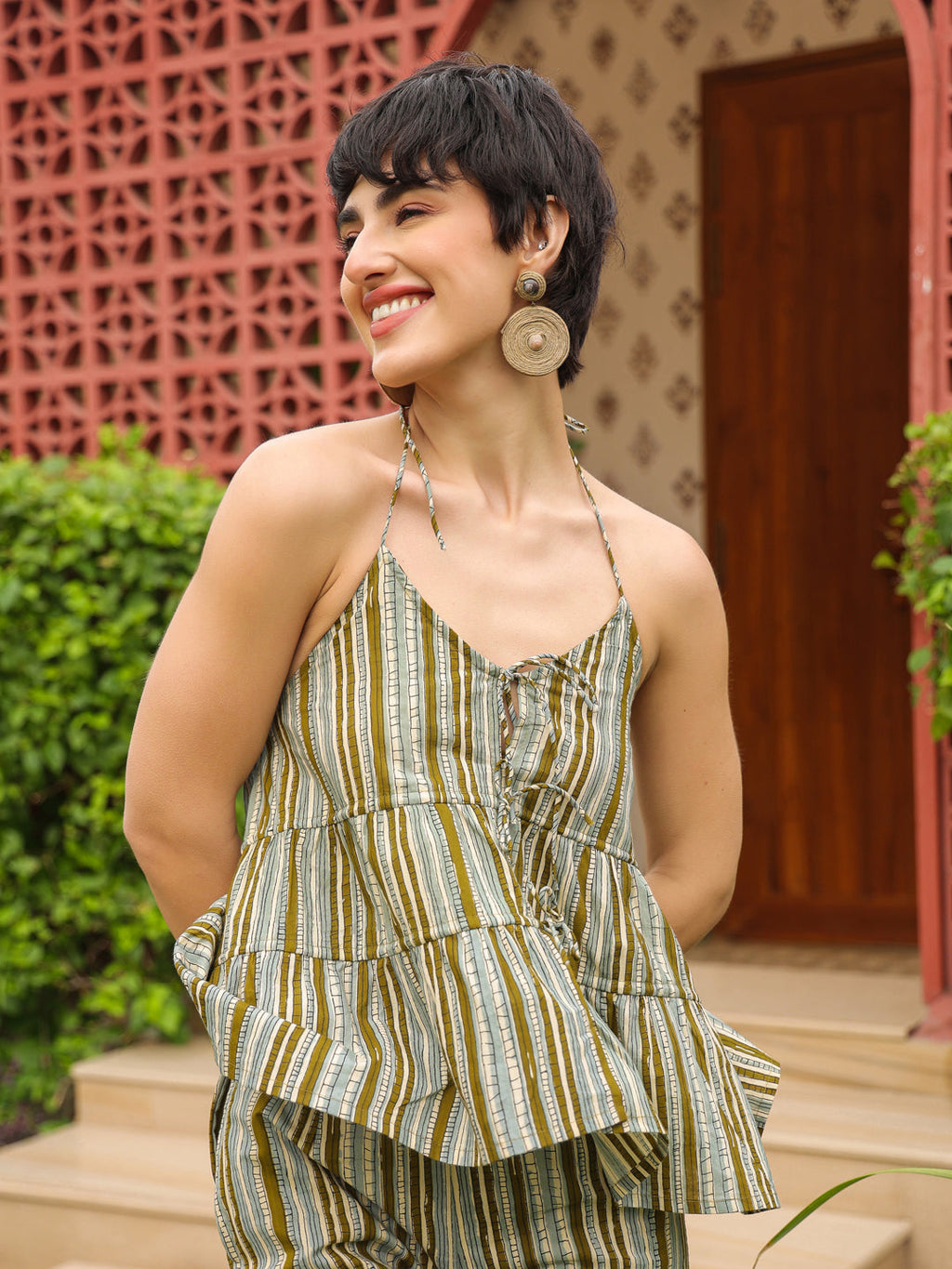 Olive Halter Neck Pure Cotton Top Striped Co-Ords Set For Women