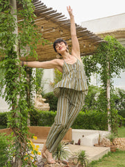Olive Halter Neck Pure Cotton Top Striped Co-Ords Set For Women