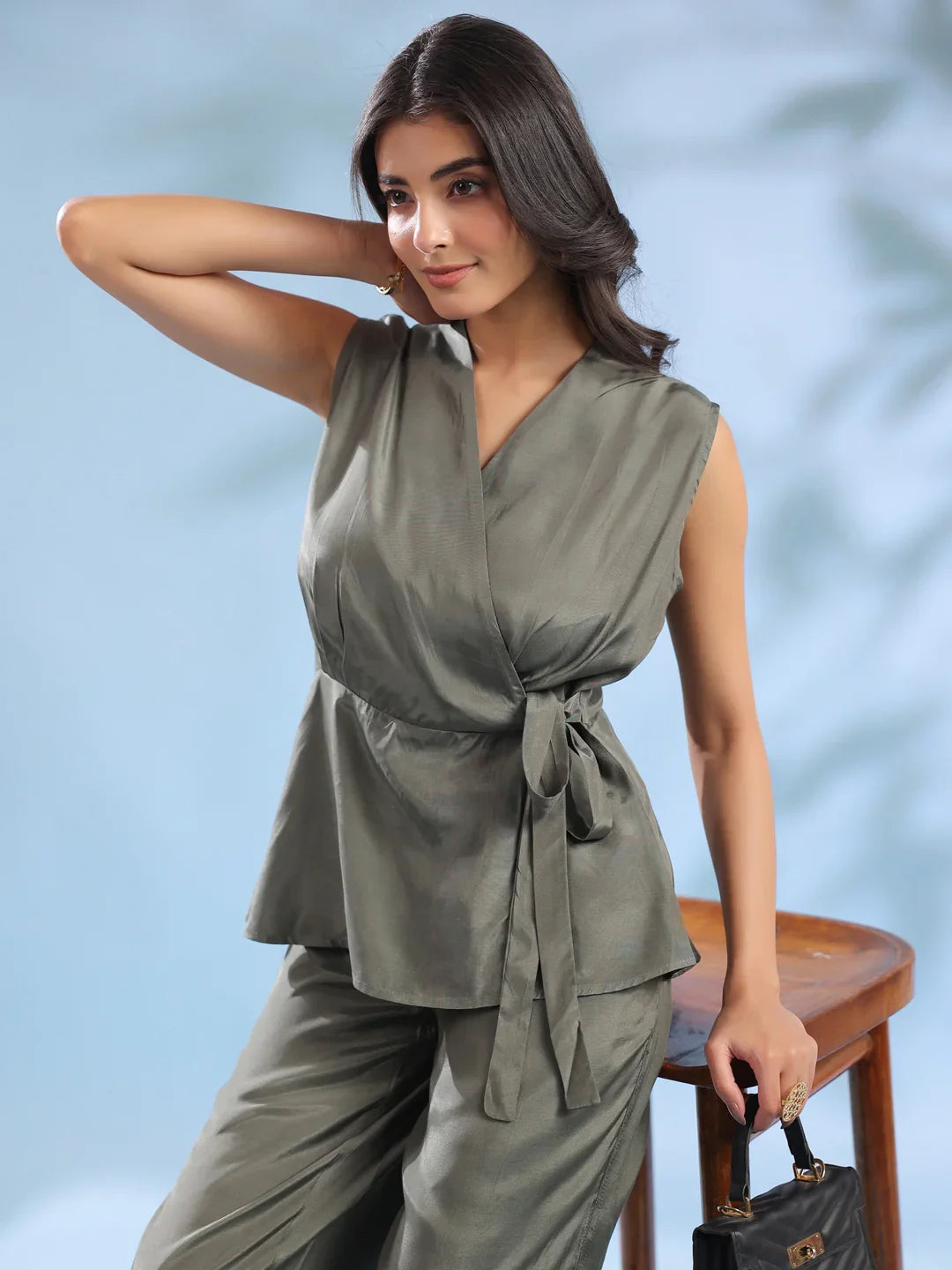 Grey Crossover Solid Winter Co-ord Set for Women - SanskrutiHomes 