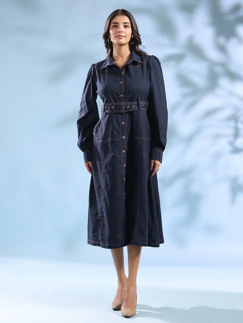 Navy Blue Belted Denim Midi Dress for Women - SanskrutiHomes 