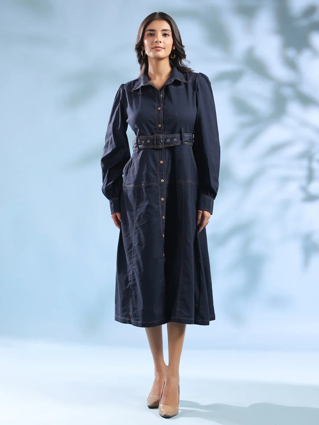 Navy Blue Belted Denim Midi Dress for Women - SanskrutiHomes 