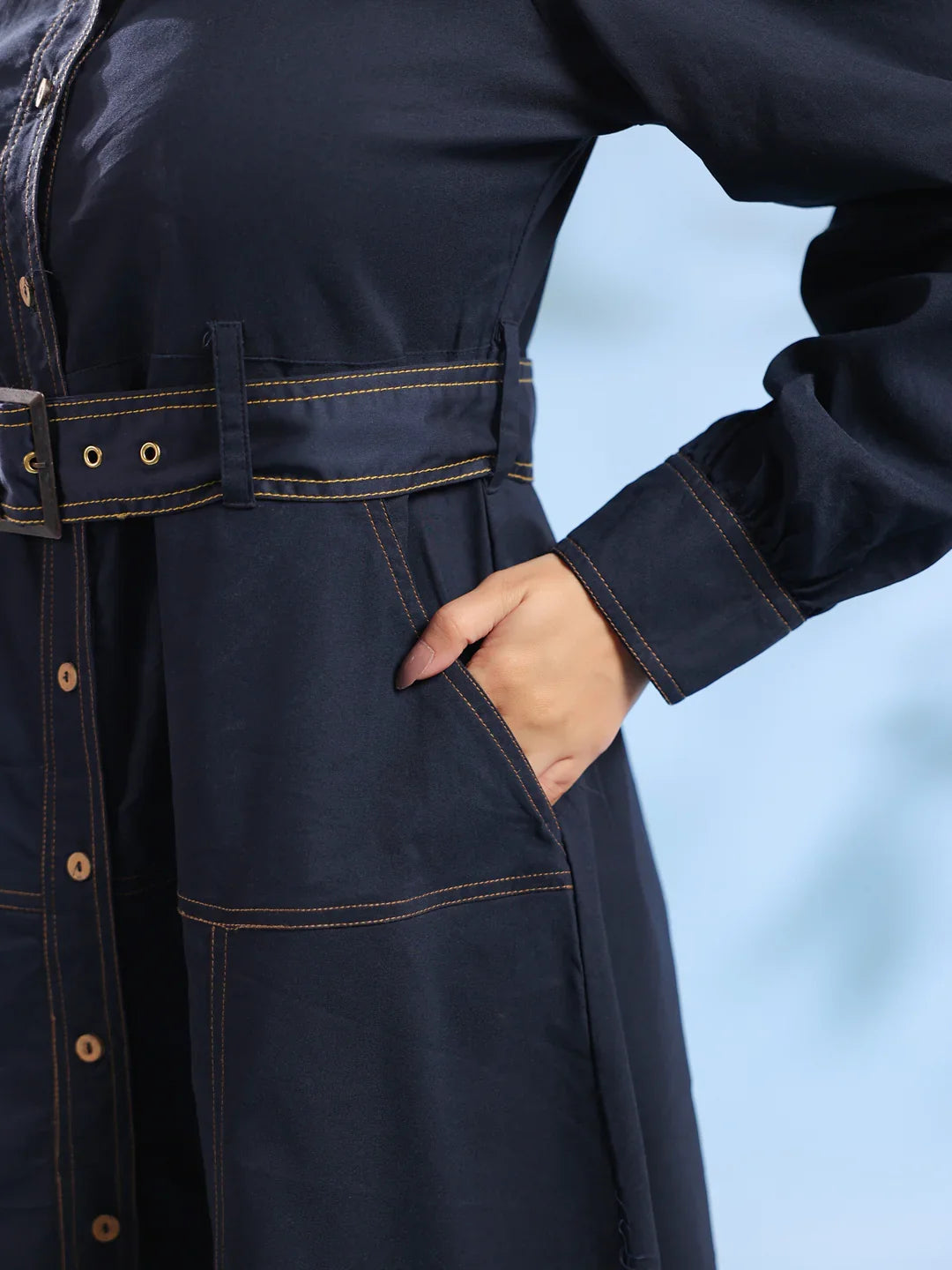 Navy Blue Belted Denim Midi Dress for Women - SanskrutiHomes 