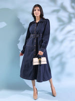 Navy Blue Belted Denim Midi Dress for Women - SanskrutiHomes 