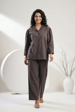 Grey Lapel Collar Solid Cotton Blend Night Suit For Women