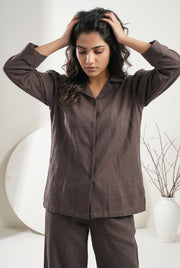 Grey Lapel Collar Solid Cotton Blend Night Suit For Women