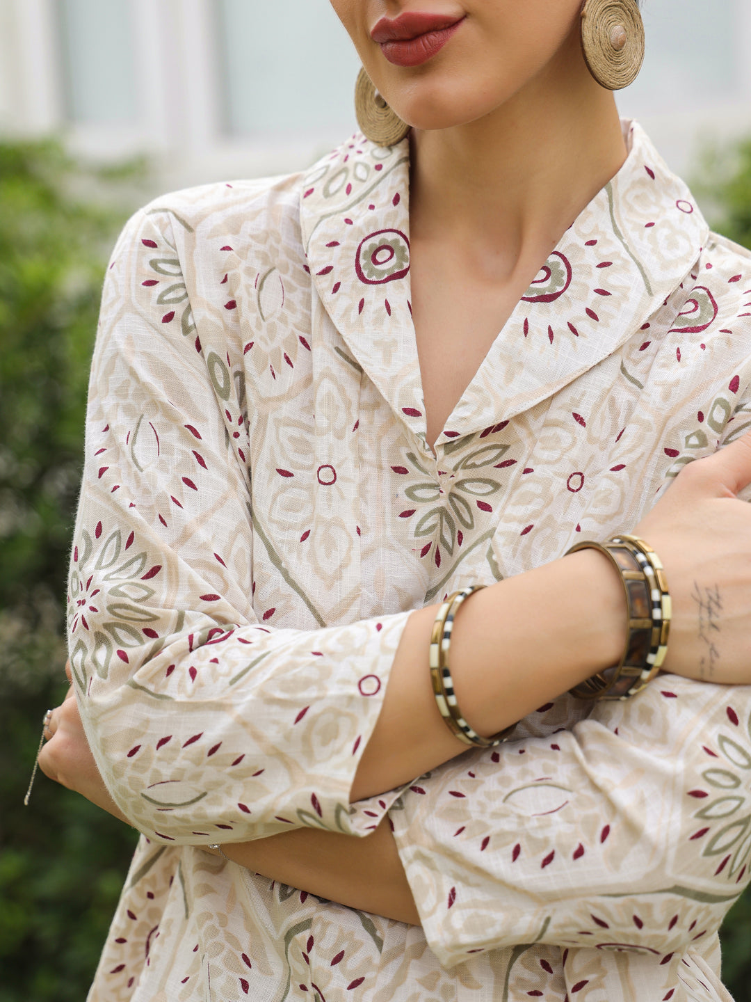 White Shawl Neck Pure Cotton Top Printed Co-Ords Set For Women