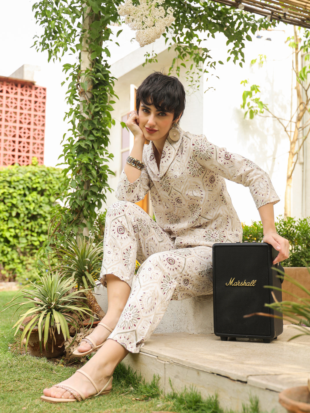 White Shawl Neck Pure Cotton Top Printed Co-Ords Set For Women